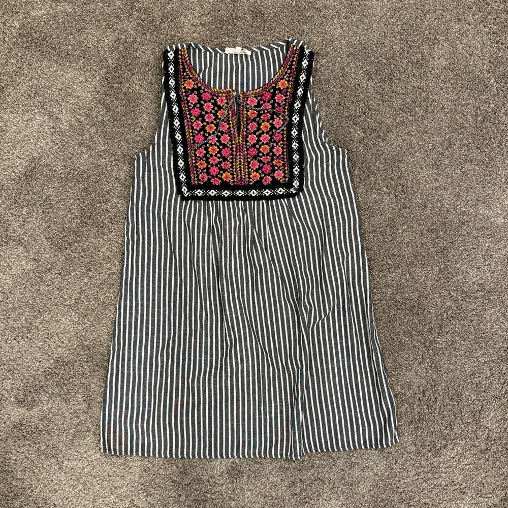 Entro Black and White Striped Boho Mini Dress with Pink Embroidery